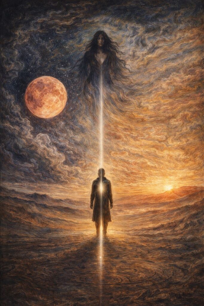 Moonlit desert ritual landscape showing a solitary figure between lunar and solar light, symbolizing balance, inner clarity, and goddess-guided initiation.
