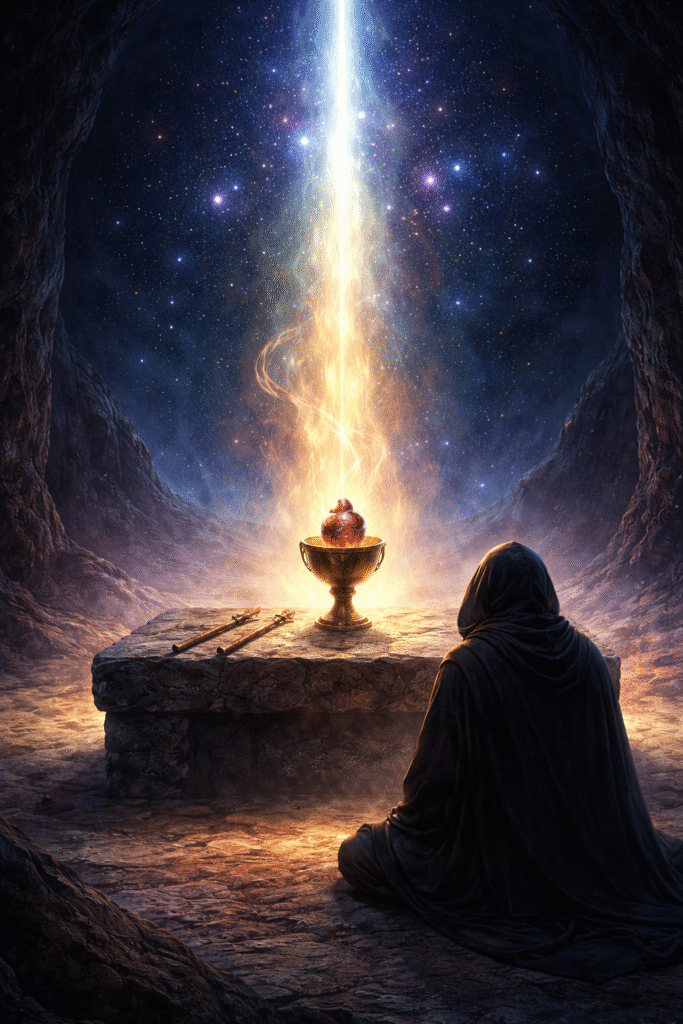 Visionary ritual meditation scene with a hooded figure before a stone altar and glowing heart chalice