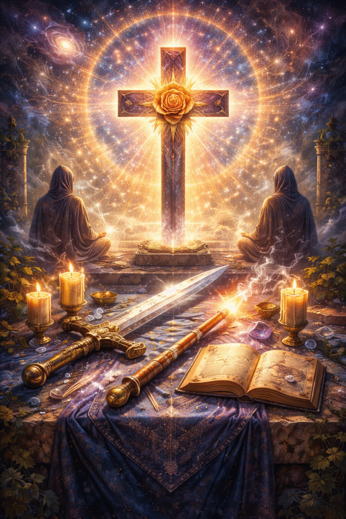 Symbolic Hermetic ritual representing the Rosy Cross, Sword, and Wand in contemplative magical practice.
