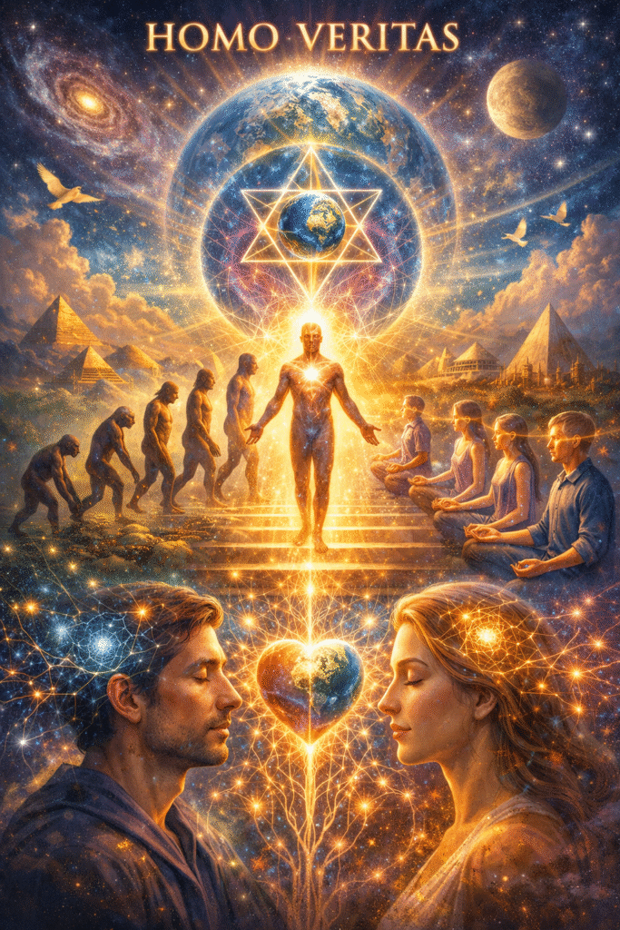Visionary depiction of humanity evolving toward Homo Veritas through collective awareness and empathy.