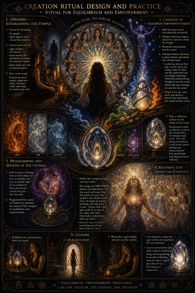 Esoteric ritual illustration showing a magician seated before a circular mirror mandala, charging a quartz crystal with elemental energies, Akasha, stars, and reflected light.