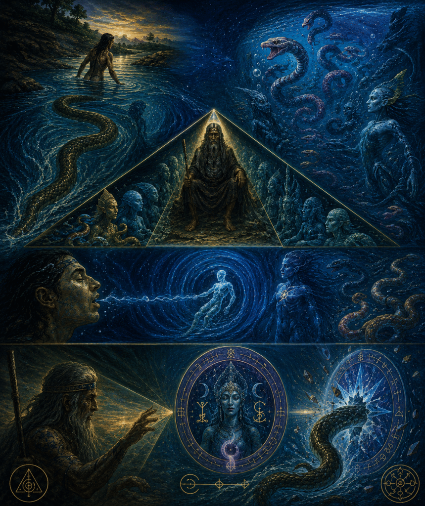 Visionary occult illustration of a serpent entering a mystical blue oceanic realm, encountering an ancestral figure surrounded by aquatic beings and serpents arranged within a luminous triangle, then approaching a divine feminine figure within a magical seal as a serpent pierces through a crystalline portal.